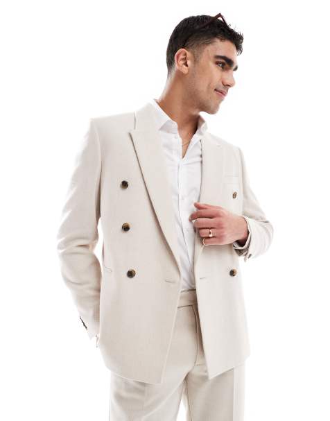ASOS DESIGN wool blend double breasted regular suit in stone basketweave - view 1
