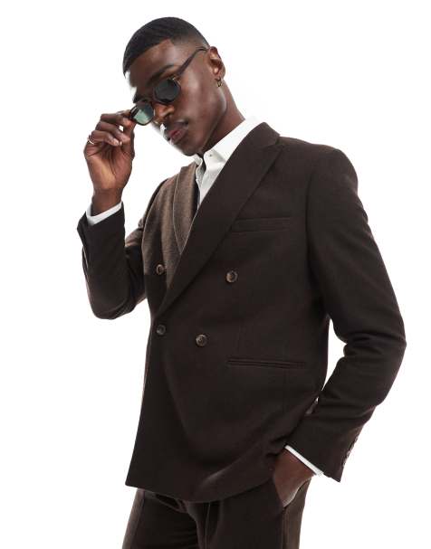 ASOS DESIGN wool blend double breasted regular suit jacket in brown - view 1