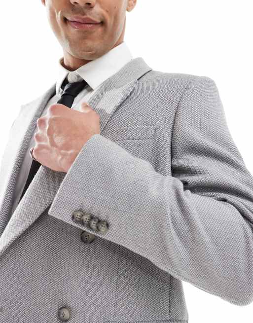 ASOS DESIGN wool blend double breasted regular suit jacket in grey basketweave, 2 of 5