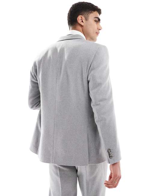 ASOS DESIGN wool blend double breasted regular suit jacket in grey basketweave, 3 of 5