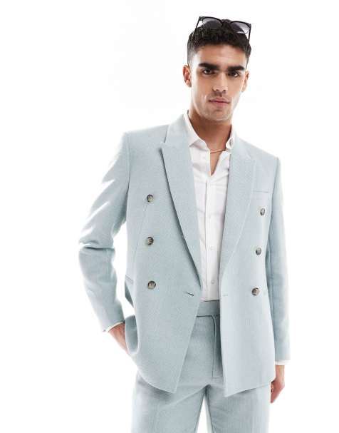 ASOS DESIGN wool blend double breasted regular suit jacket in light blue basketweave - view 1
