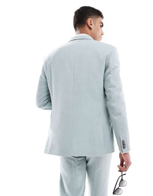 ASOS DESIGN wool blend double breasted regular suit jacket in light blue basketweave, 2 of 5