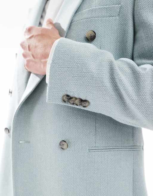 ASOS DESIGN wool blend double breasted regular suit jacket in light blue basketweave, 4 of 5