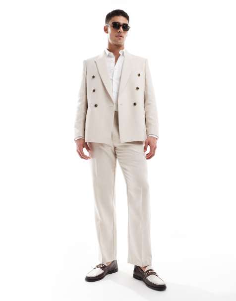 ASOS DESIGN wool blend double breasted regular suit jacket in stone basketweave - view 1