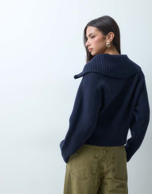 ASOS DESIGN wool blend fitted waist zip-front sweater in navy, 4 of 5