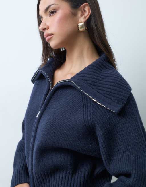 ASOS DESIGN wool blend fitted waist zip-front sweater in navy, 5 of 5