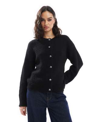 wool blend fluffy knit crew neck cardigan in black