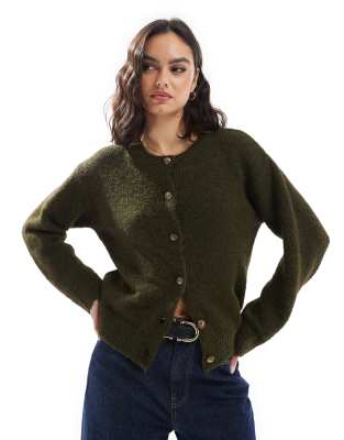 wool blend fluffy knit crew neck cardigan in dark green