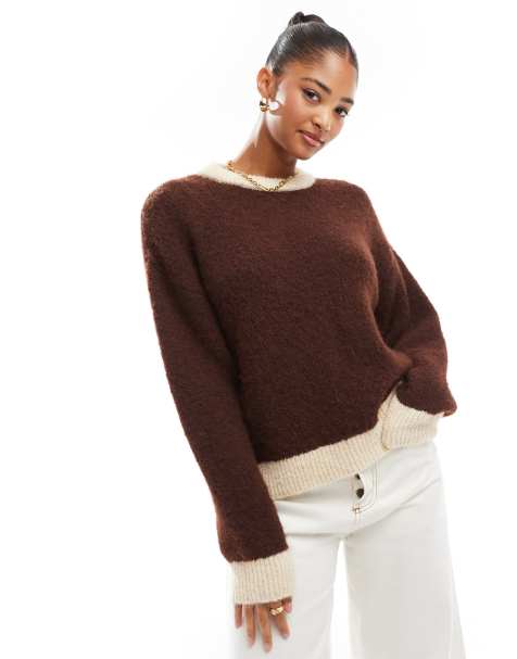 ASOS DESIGN wool blend fluffy knitted jumper in chocolate brown - view 1