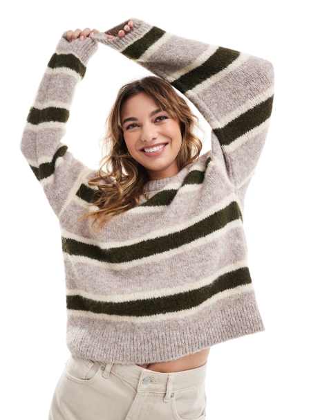 ASOS DESIGN wool blend fluffy knitted jumper in green stripe - view 1