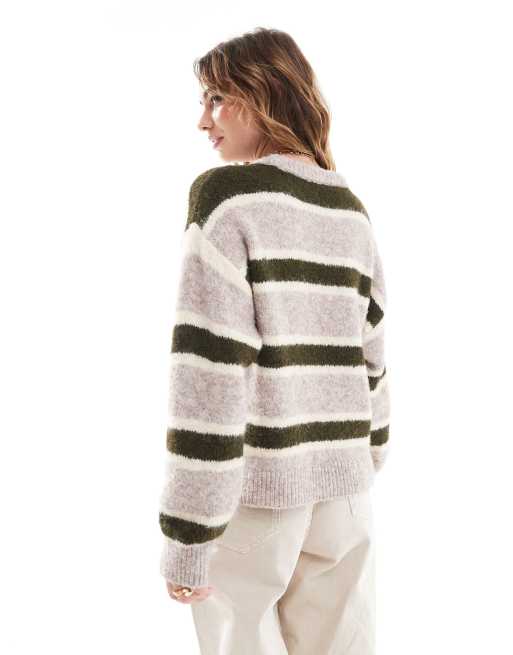 ASOS DESIGN wool blend fluffy knitted jumper in green stripe, 2 of 4