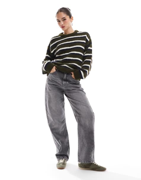 ASOS DESIGN wool blend fluffy knitted jumper in navy  and forest green stripe - view 1