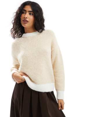 Asos Design Wool Blend Fluffy Knitted Sweater In Buttermilk With Contrast Ecru-yellow