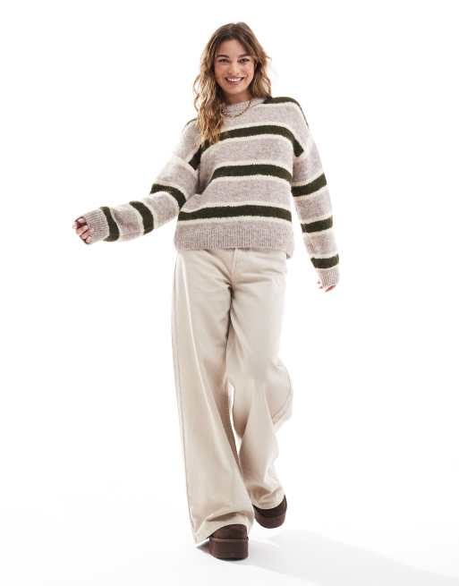 ASOS DESIGN wool blend fluffy knitted sweater in green stripe, 4 of 4