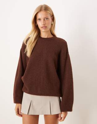 wool blend fluffy wide sleeve knit sweater in brown-Red