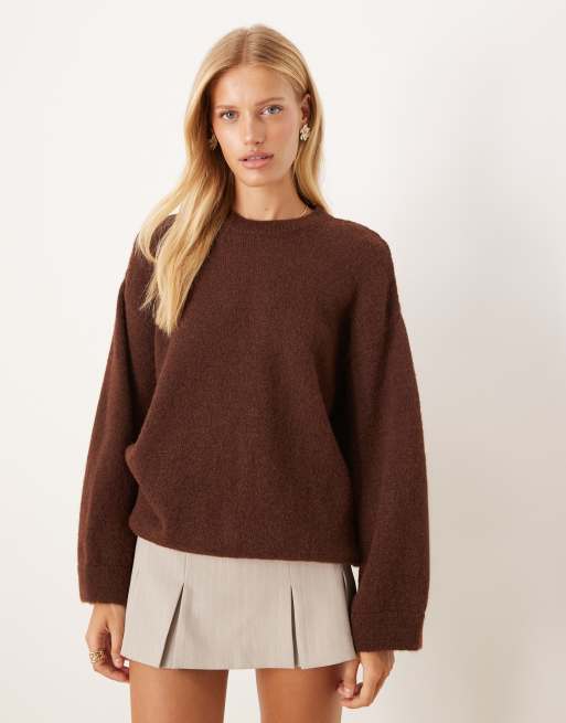 ASOS DESIGN wool blend fluffy wide sleeve knit sweater in brown