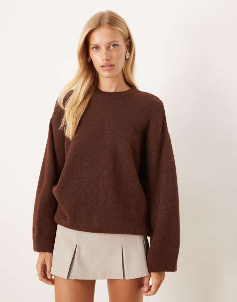 ASOS DESIGN wool blend fluffy wide sleeve knitted jumper in brown - view 1