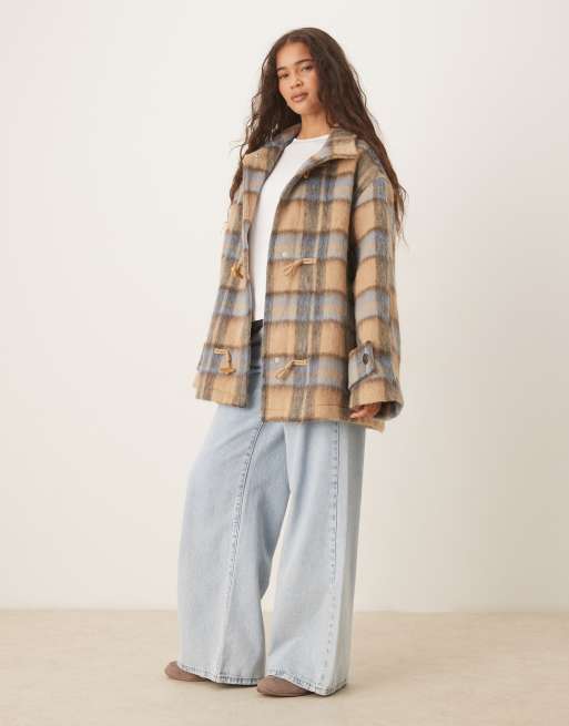 ASOS DESIGN wool blend funnel neck coat with toggle detail in heritage check