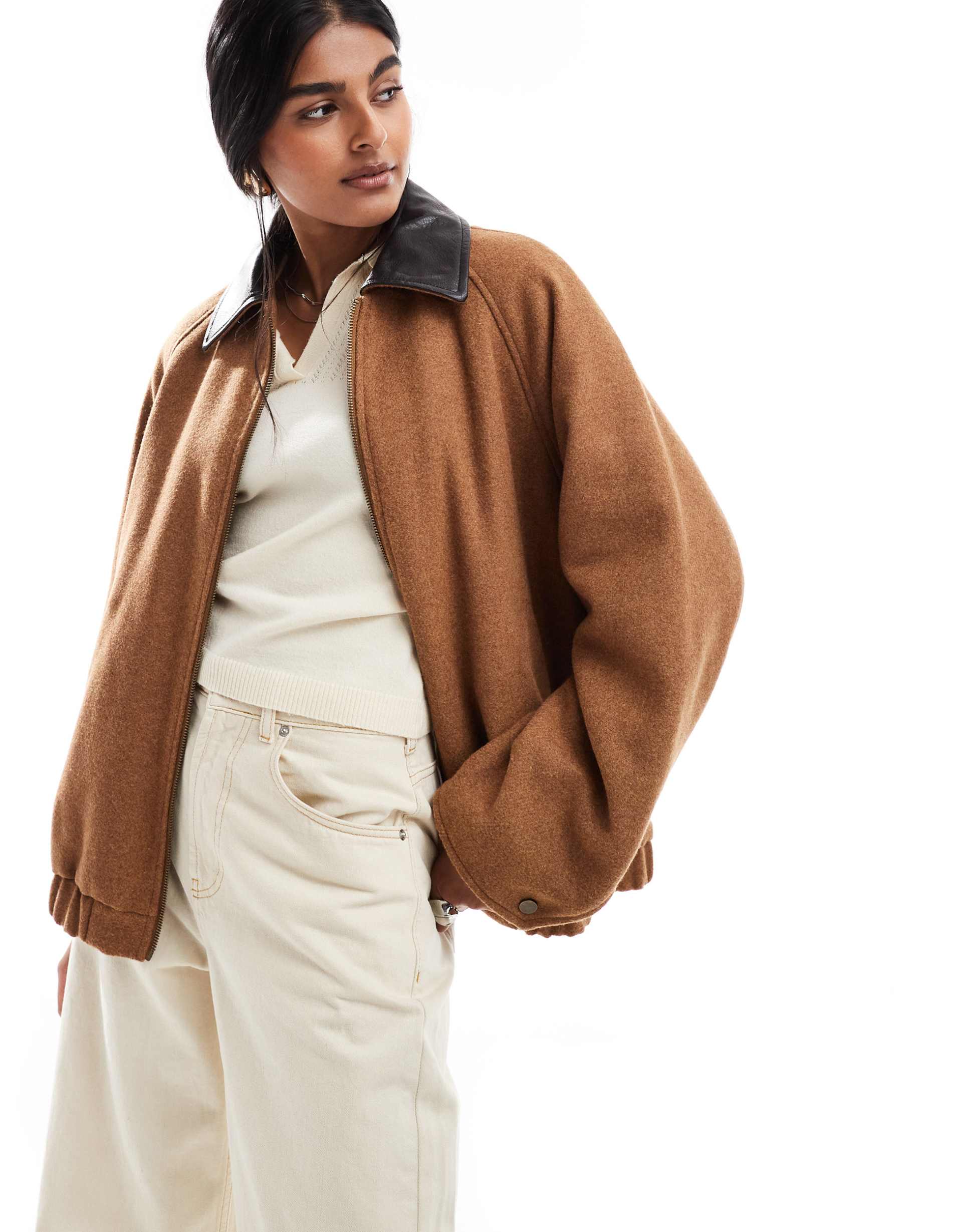 asos design wool blend heritage leather look collar bomber in rust