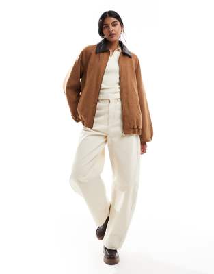 Asos Design Wool Blend Heritage Leather Look Collar Bomber In Brown
