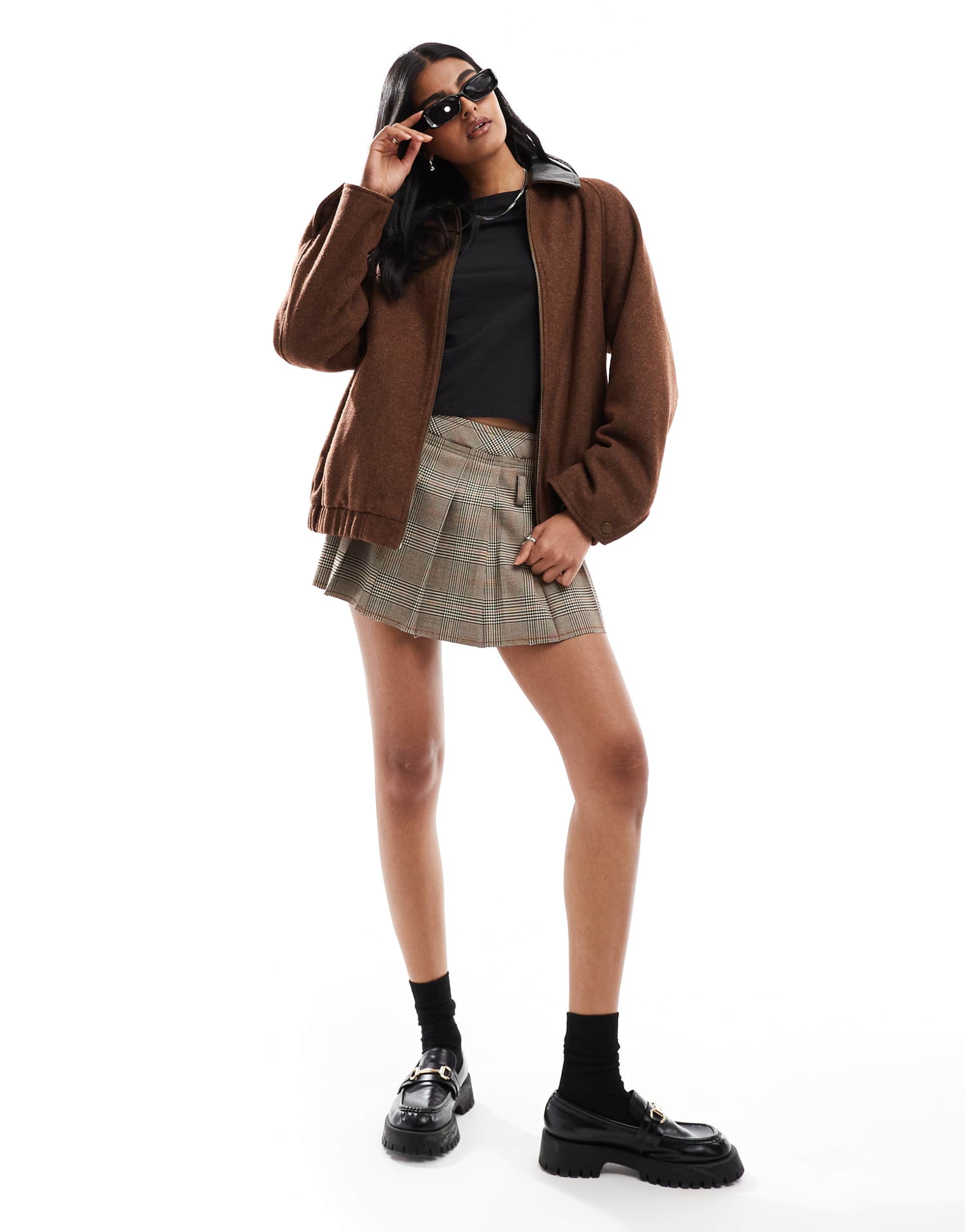 asos design wool blend heritage leather look collar bomber jacket in chocolate