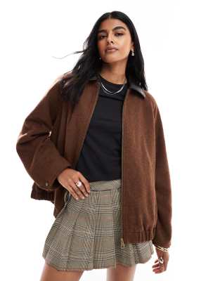 Asos Design Wool Blend Heritage Leather Look Collar Bomber Jacket In Brown