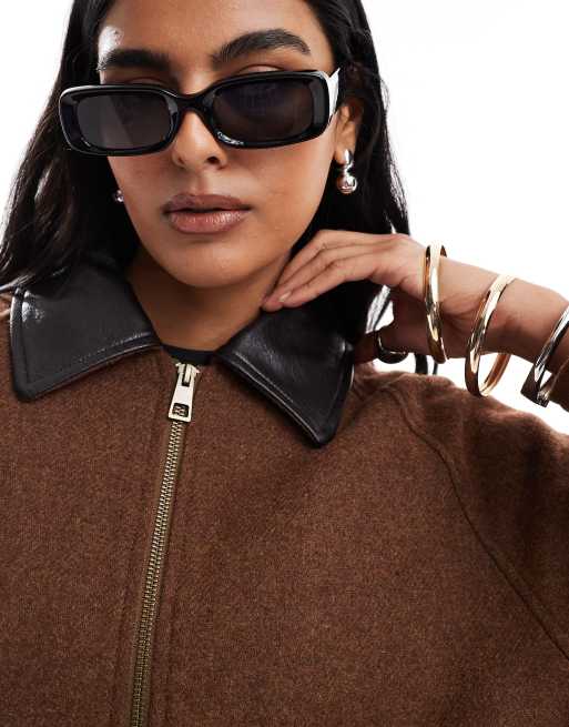 ASOS DESIGN wool blend heritage leather look collar bomber jacket in chocolate