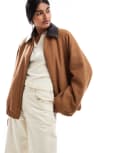 [ASOS DESIGN] ASOS DESIGN wool blend heritage leather-look collar bomber jacket in rust-Red XS Rust