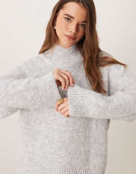 ASOS DESIGN wool blend high v neck jumper in ice grey - view 1
