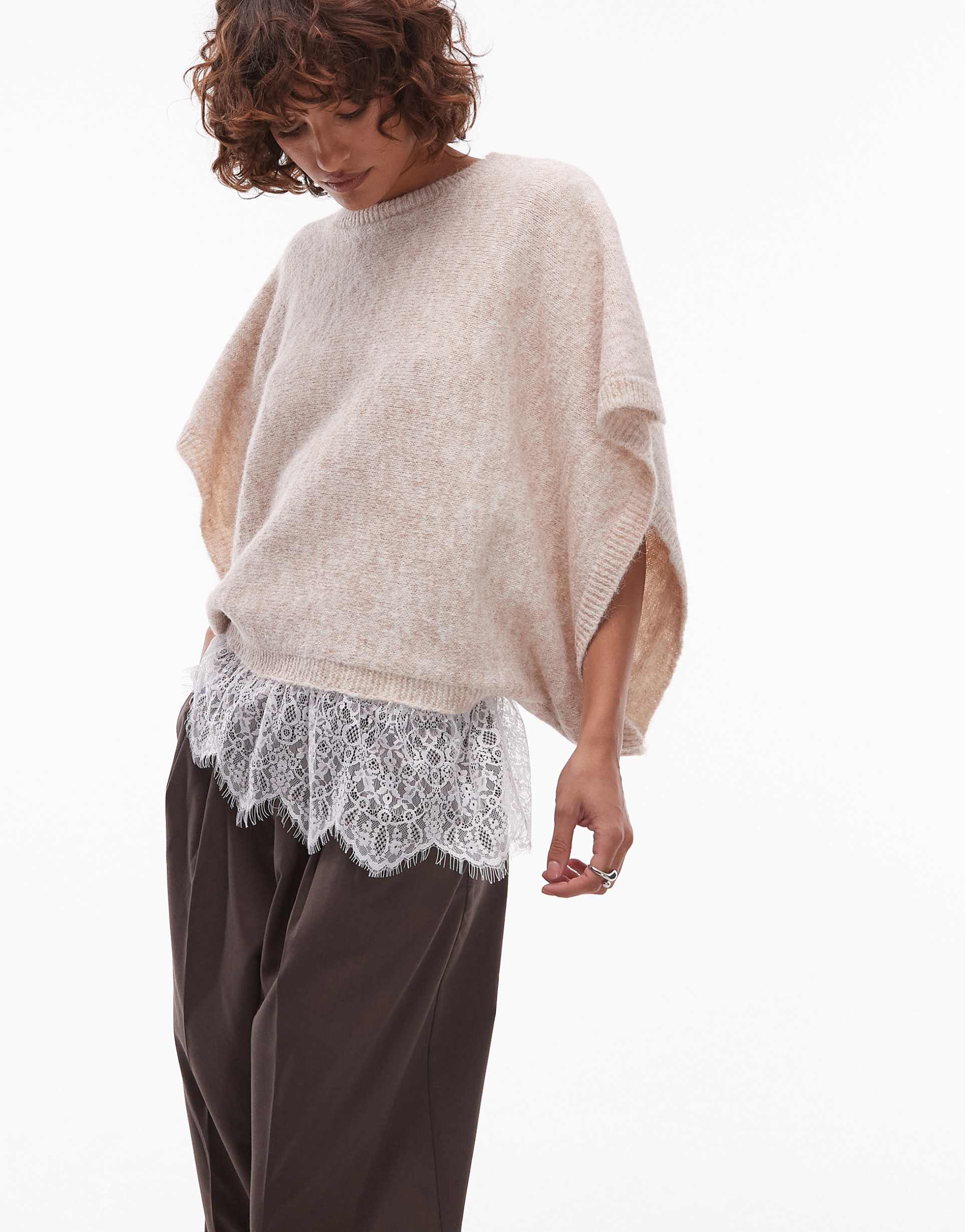 asos design wool blend knit cape with lace trim in ecru