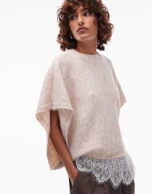 ASOS DESIGN wool blend knit cape with lace trim in ecru, 3 of 4