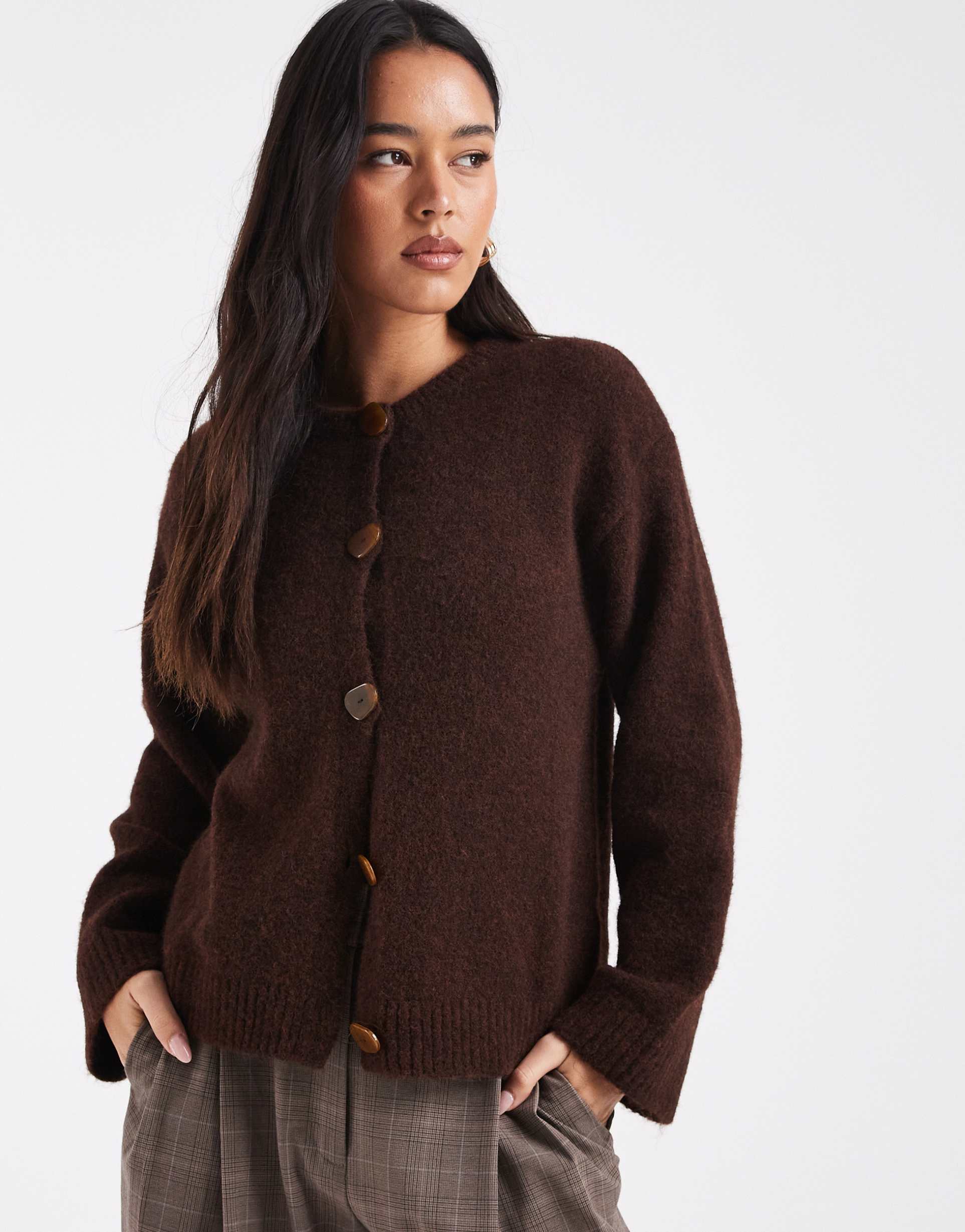 asos design wool blend knit cardigan with button interest in chocolate brown