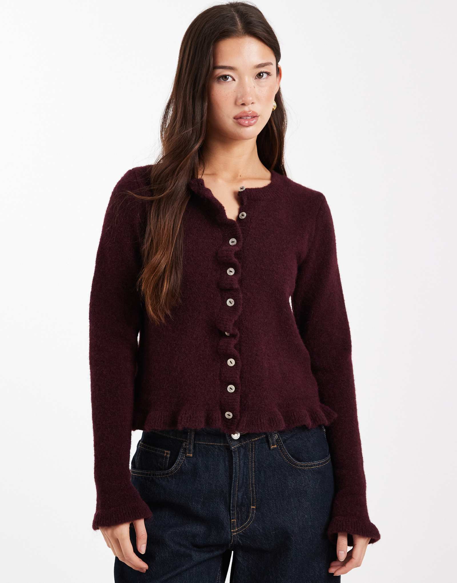 ДИЗАЙНЕРСКИЙ кардиган ASOS из смеси шерсти с оборками винного цвета