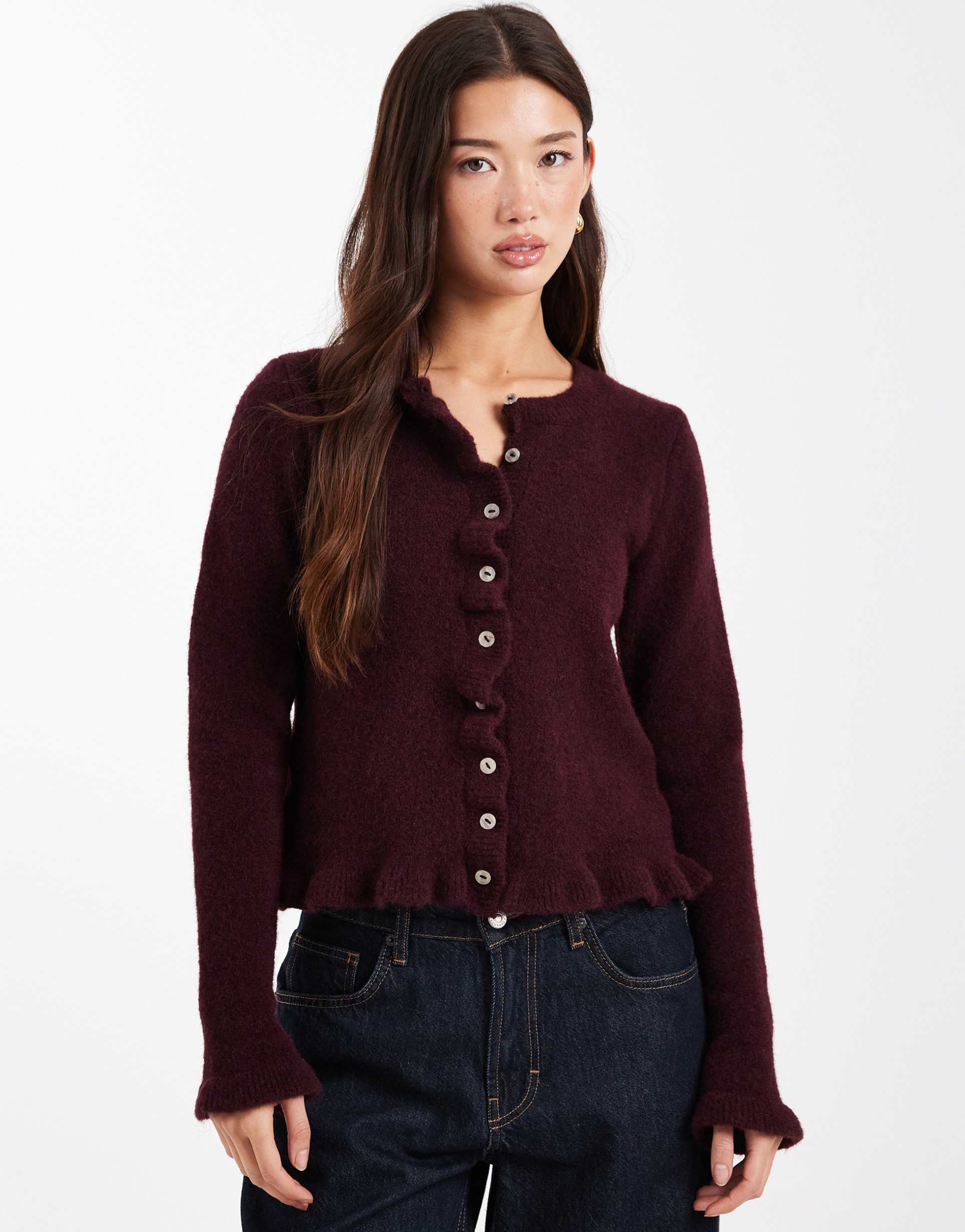 asos design wool blend knit ruffle cardigan in wine