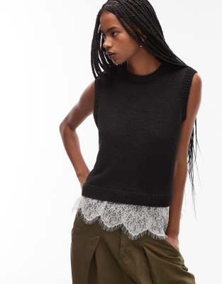 Asos Design Wool Blend Knit Tank With Lace Trim In Black
