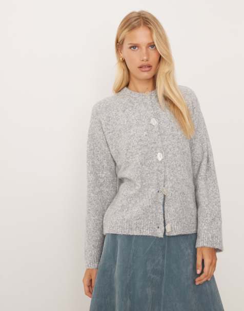 ASOS DESIGN wool blend knitted cardigan with button interest in grey - view 1