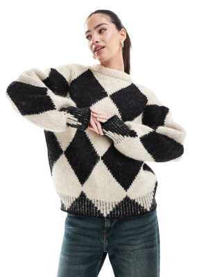 wool blend knitted sweater with argyle pattern in black and white-Multi