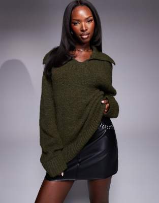 wool blend knitted v neck sweater in forest green