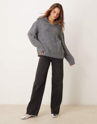 Asos Design Wool Blend Knitted V Neck Sweater In Gray Heather