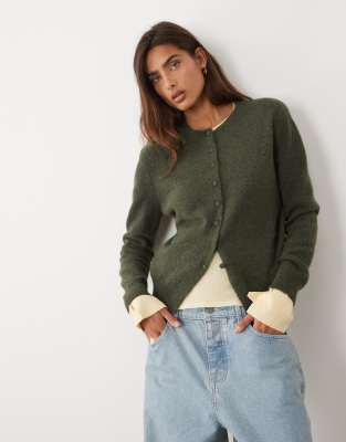 Asos Design Wool Blend Neat Fit Cardigan In Green