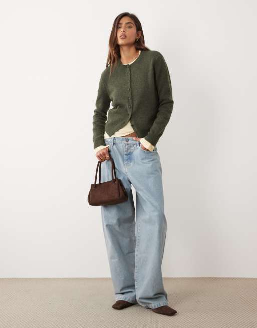 ASOS DESIGN wool blend neat fit cardigan in khaki, 2 of 4