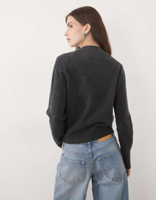 ASOS DESIGN wool blend neat fit sweater in charcoal, 4 of 4