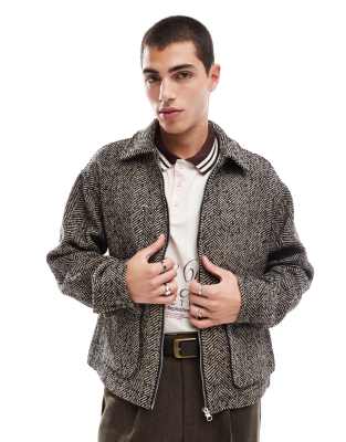 Asos Design Wool Blend Oversized Harrington Jacket In Brown Salt And Pepper-black