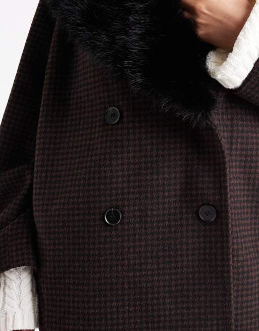 ASOS DESIGN wool blend oversized pea coat with faux fur collar in heritage check