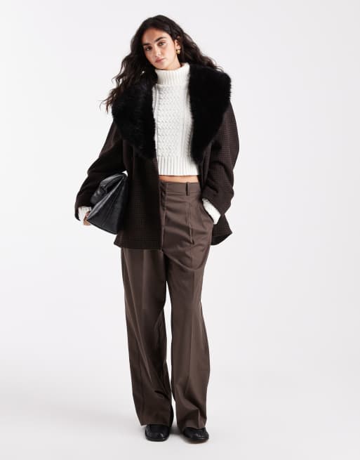 ASOS DESIGN wool blend oversized pea coat with faux fur collar in heritage check