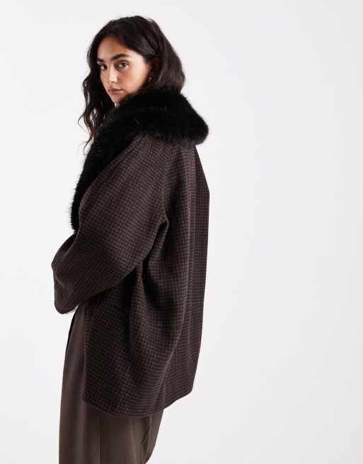 ASOS DESIGN wool blend oversized pea coat with faux fur collar in heritage check