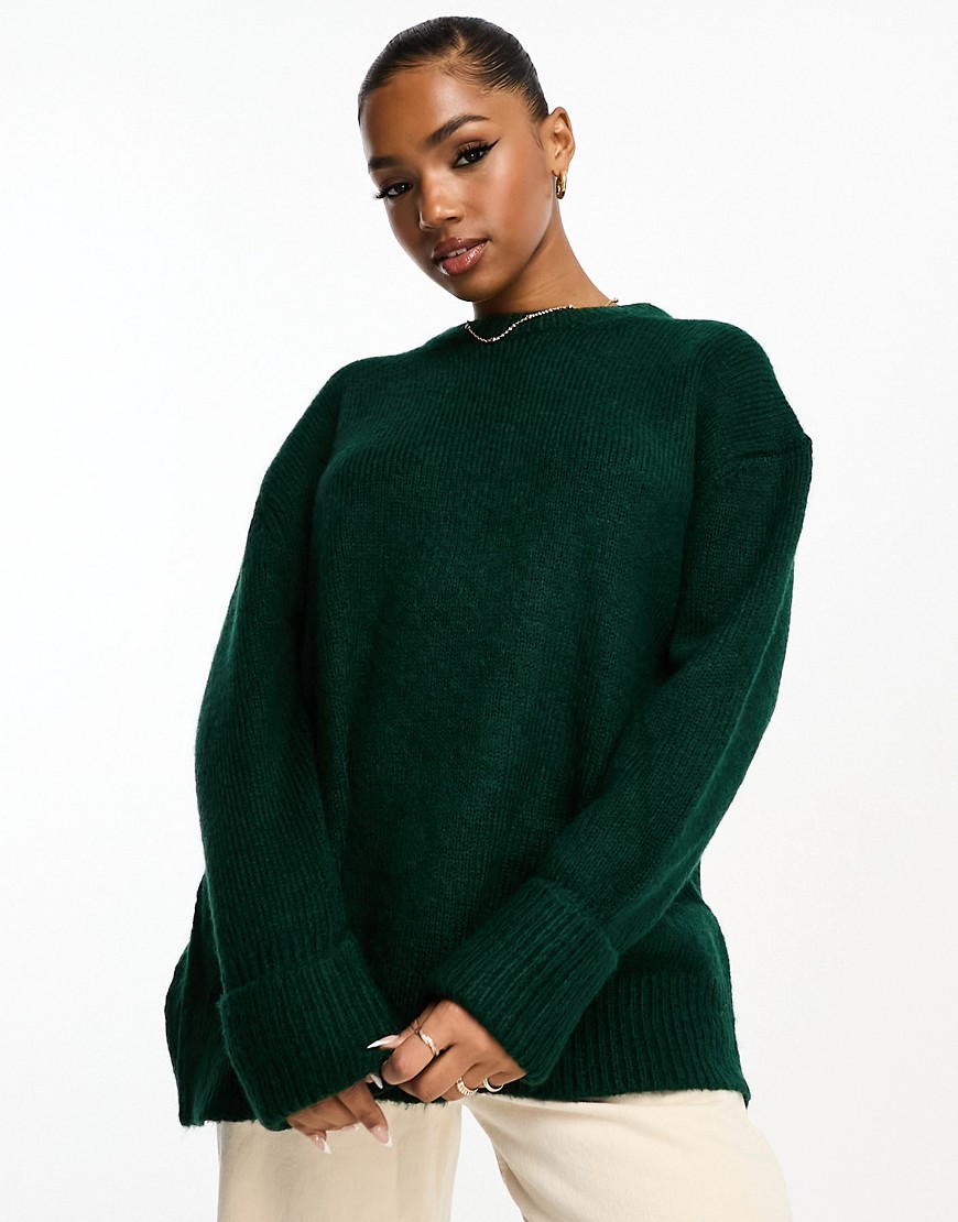 Asos Design Wool Blend Oversized Sweater With Crew Neck In Dark Green