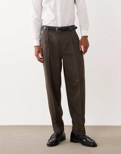 ASOS DESIGN wool blend oversized tapered dress pants in brown herringbone - view 1
