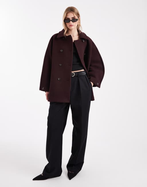 ASOS DESIGN wool blend pea coat in burgundy