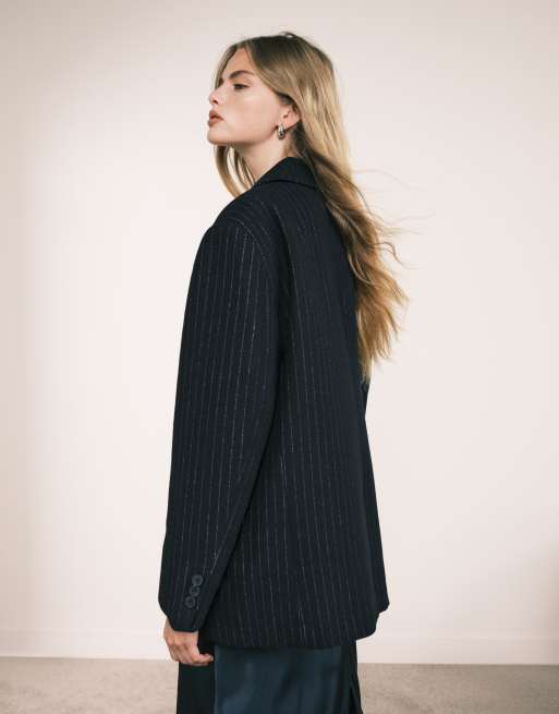 ASOS DESIGN wool blend pinstripe formal blazer in navy, 3 of 5